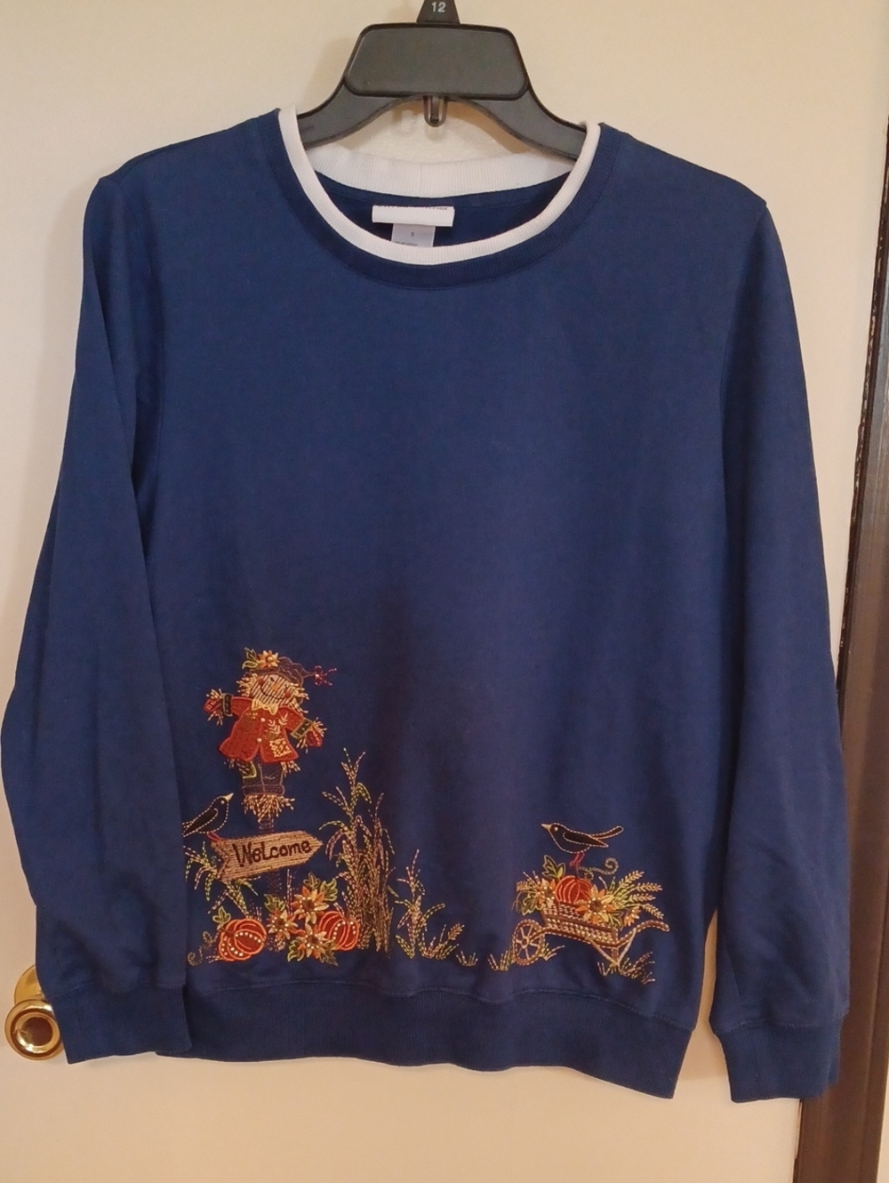 Alfred Dunner Navy Blue Crewneck Sweater with Autumn Embroidery